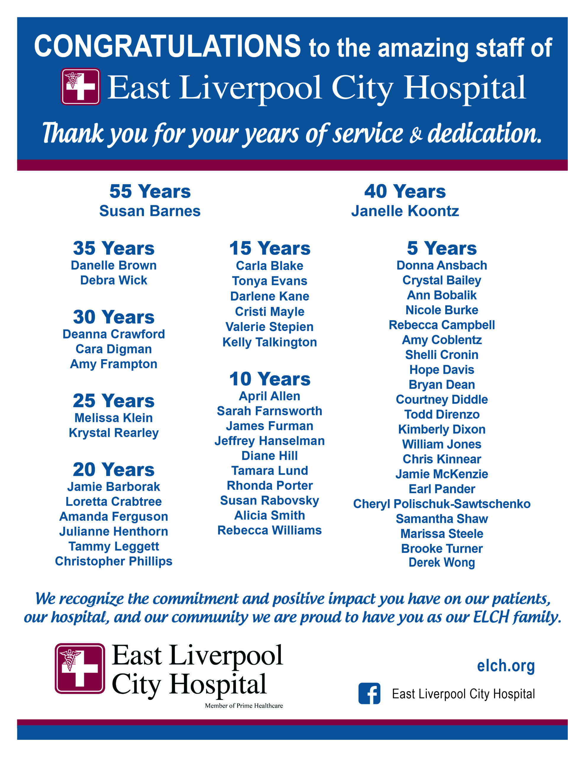 Congratulations Years of Service - East Liverpool City Hospital